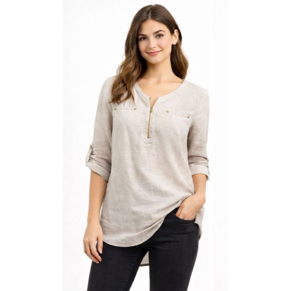 JM Collection Womens Medium Beige Linen Blouse Zip V Neck Roll Tab Sleeves